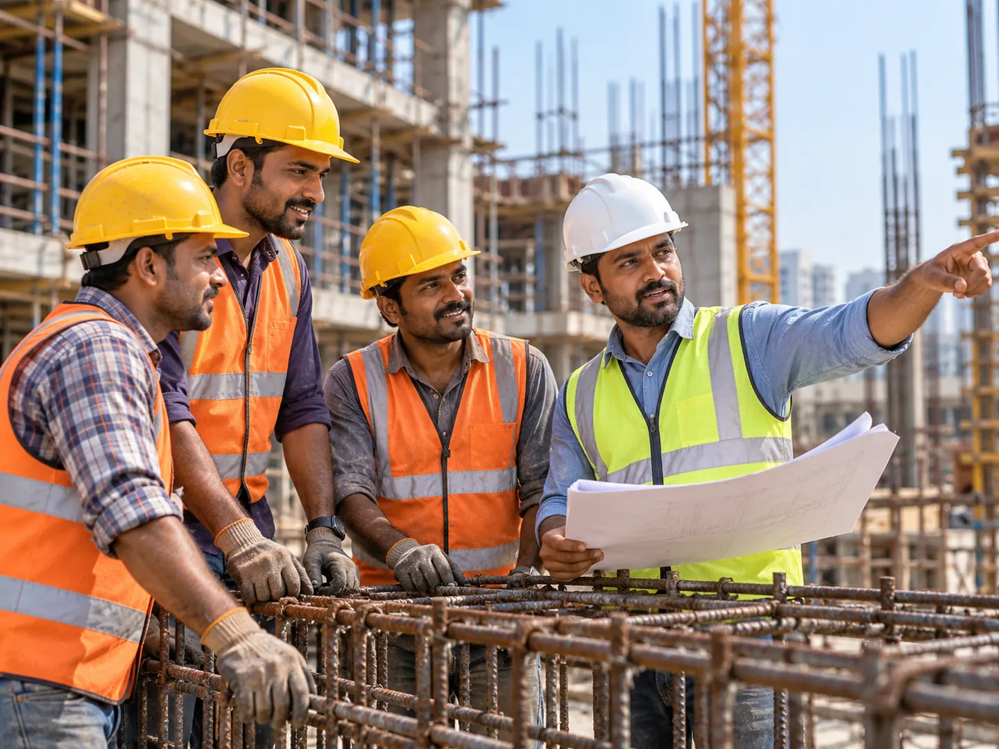 Site engineer briefing steel fixers beside a rebar cage on a building site