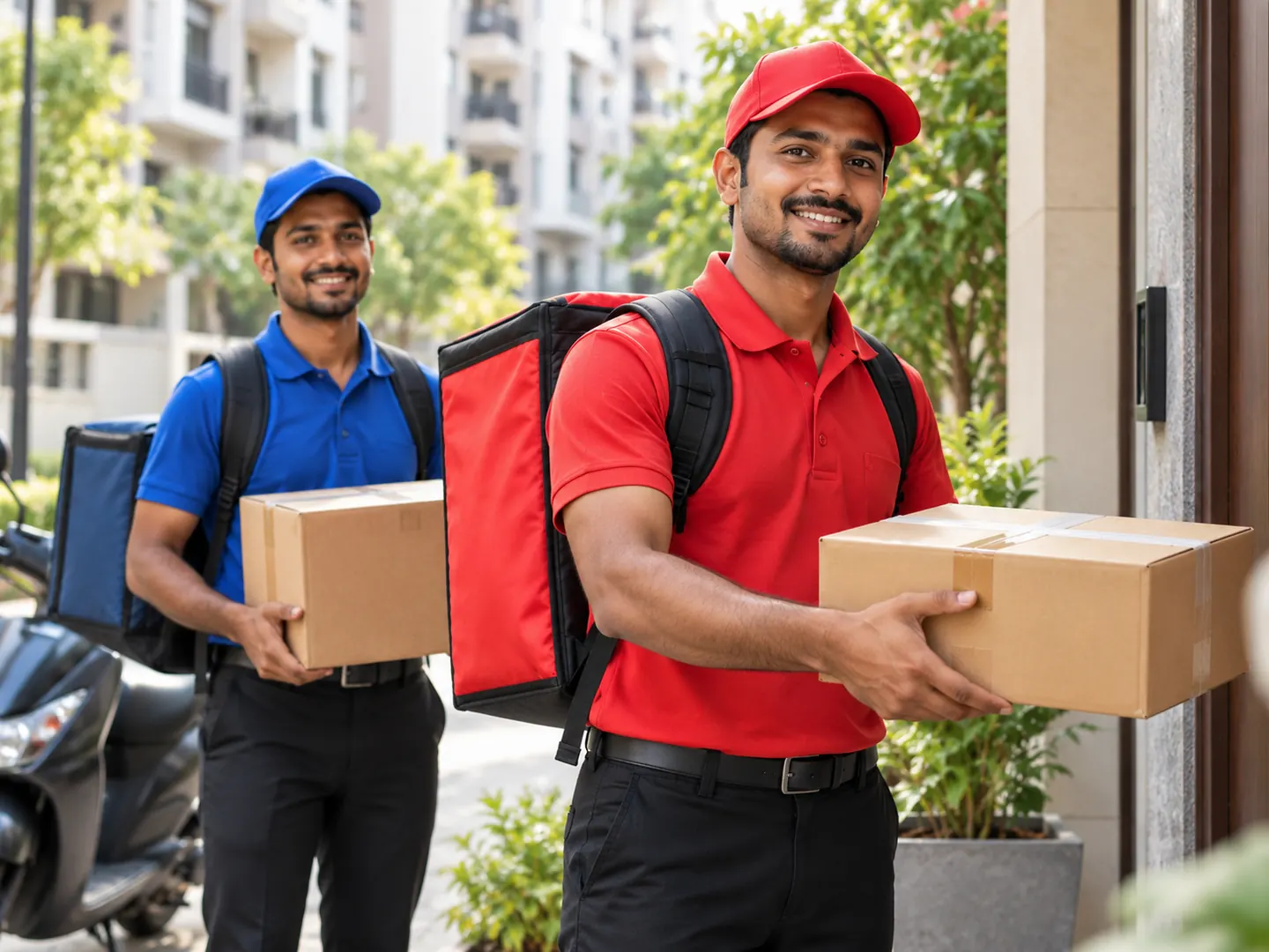 Two delivery riders carrying parcels to a residential building