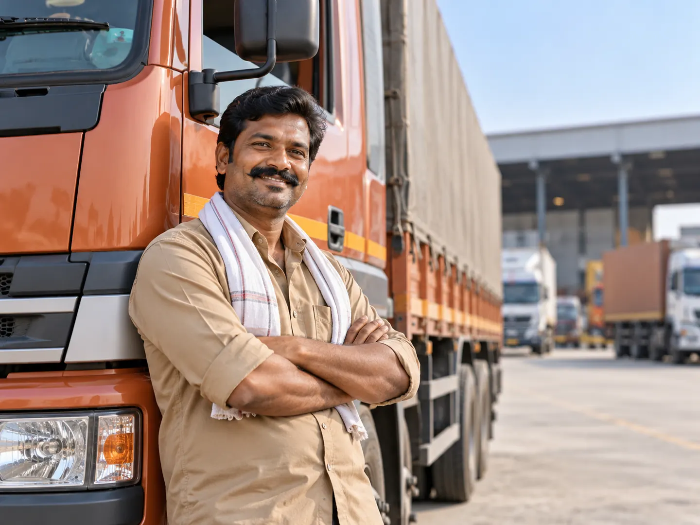 Heavy-vehicle driver standing beside his truck at a logistics yard
