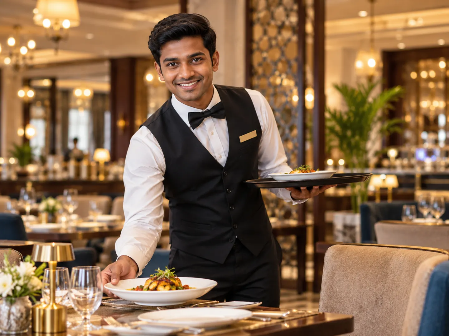 Waiter serving a plated dish in a hotel restaurant