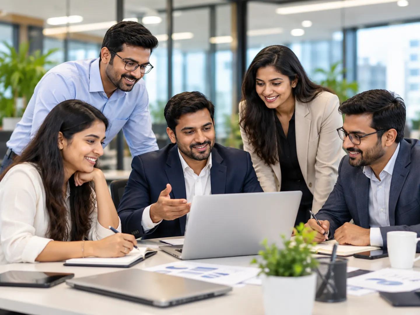 Professionals reviewing work together on a laptop in an office
